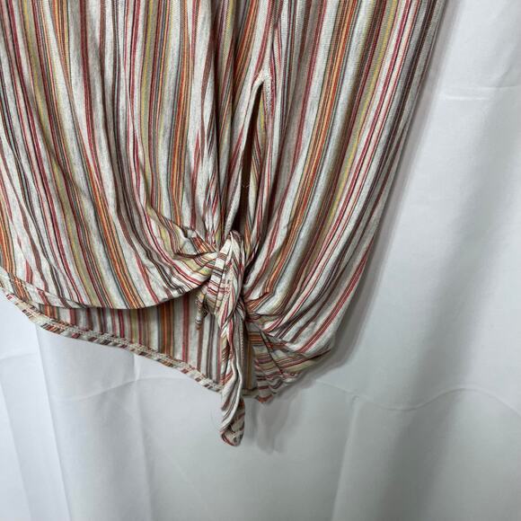Max Studio blouse knit shirt top women's medium natural stripe tie front red tan - Picture 2 of 14